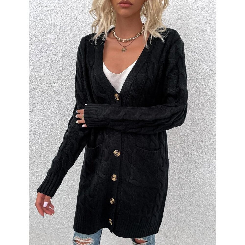 🆕Disi Womens black Cardigan Long Sleeves Cable Knit Open Front Loose Sweaters - Picture 3 of 5